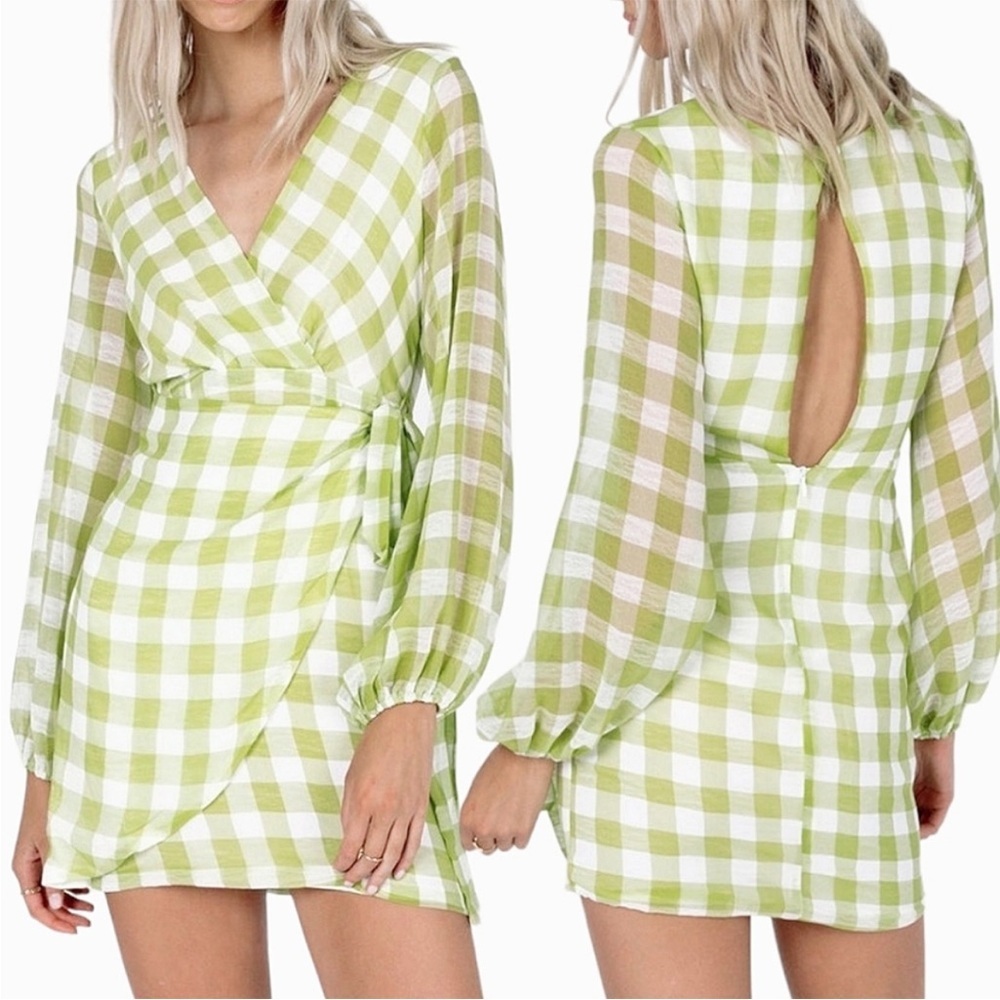 Princess Polly Sylas Green White Plaid Mini Wrap Dress Long Sheer Sleeves Size 2